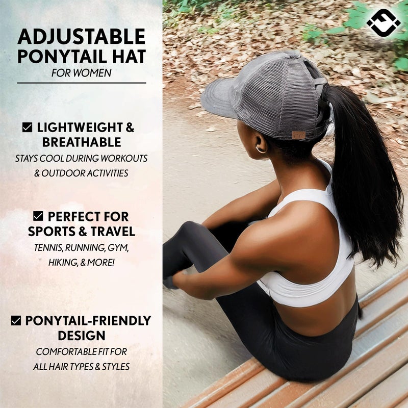 Funky Junque Women's Distressed Ponytail Hat Funny Messy Bun Ball Cap Trucker Hat with Ponytail Hole - Beige Mesh - Charcoal (Distressed) - Image 4